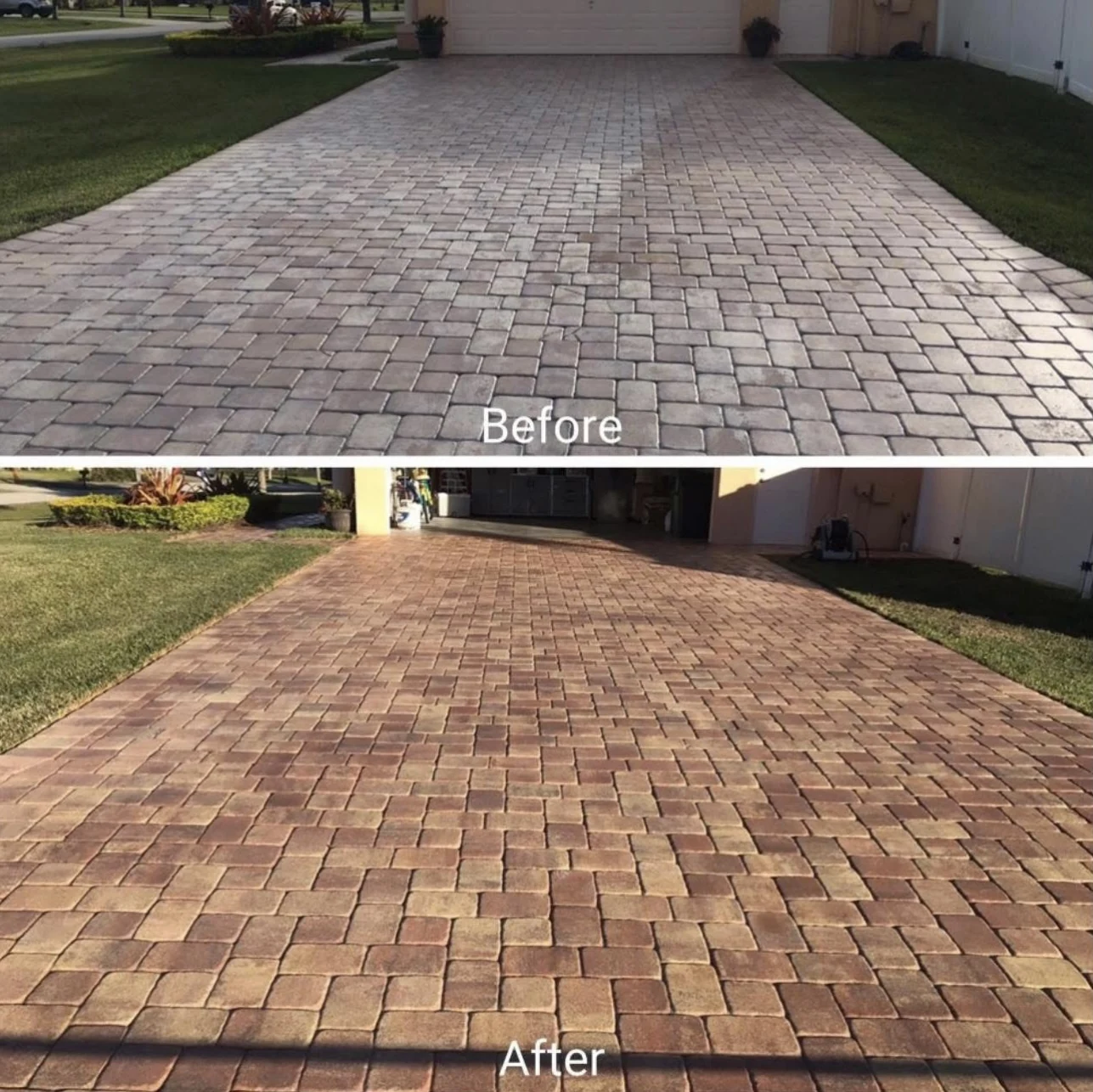 Before and after: a driveway with faded pavers and a richer finished appearance
